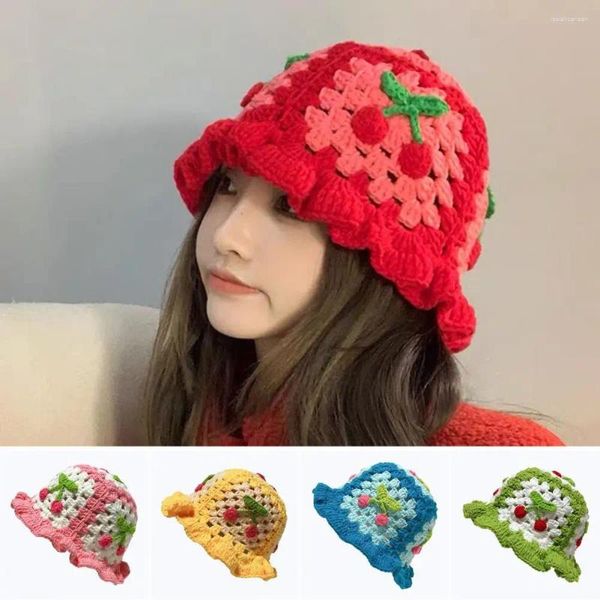 Berets Mulheres Crochet Bucket Hat Handmade Cereja para Elegante Primavera / Outono Beanie Cap Férias Viagem Praia