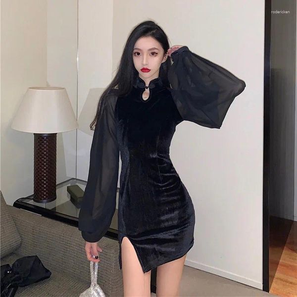 Ethnische Kleidung Frauen Retro Slim Cheongsam Koreanischer Stil Mode Ballkleider Dame Nachtclub Tanz Bodycon Schwarz Sexy Qipao Minikleid