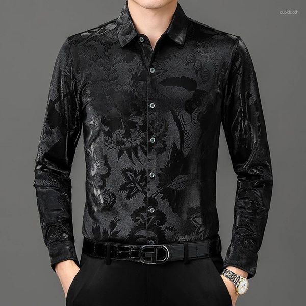 Camisas casuais masculinas tecido de veludo homens camisa preta manga longa ajuste regular floral impresso social camisas