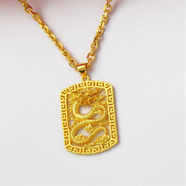 Квадратный кулон с узором дракона, цепочка из желтого золота 18 карат, мужское крутое ожерелье с подвеской, модный стиль306M