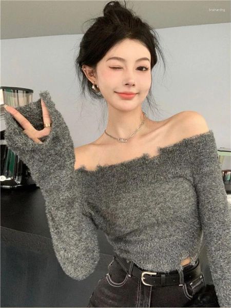 Kadın Sweaters Deeptown Y2K Vintage Gri Kırpılmış Kazak Kadınlar Harajuku Grunge Omuz Örgü Jumper Kore Seksi İnce Külot