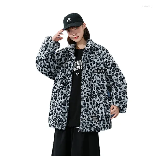 Pele feminina zxryxgs outono inverno temperamento tendência solta imitação casaco feminino jaqueta leopardo impressão masculino casal suporte pescoço