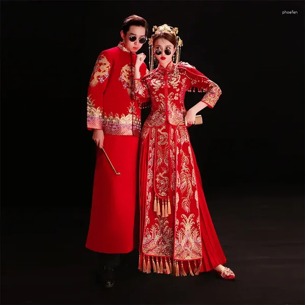 Abbigliamento etnico FZSLCYIYI Oversize 3XL Abito da sposa rosso Matrimonio retrò cinese Marrige Cheongsam Toast Lungo tratto