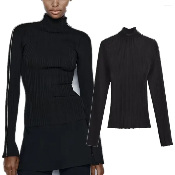 Suéteres femininos Elmsk British Fashion Basic Knitwear Turtleneck Black Lace Painel Sweater Mulheres Tops