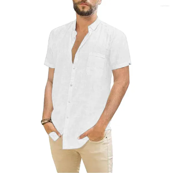 Camisas de vestir para hombres Algodón Lino Manga corta Verano Color sólido Cuello vuelto Casual Estilo de playa Tallas grandes