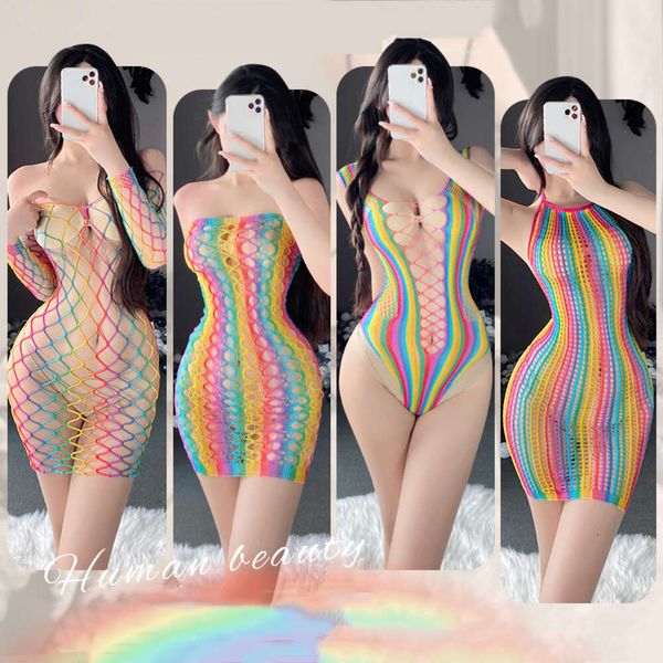 Cosplay sexy fishnet colorido bodysuit lingerie pornô malha erótica meias ocas roupas de renda roupa interior feminina bodystockings roupa de noite