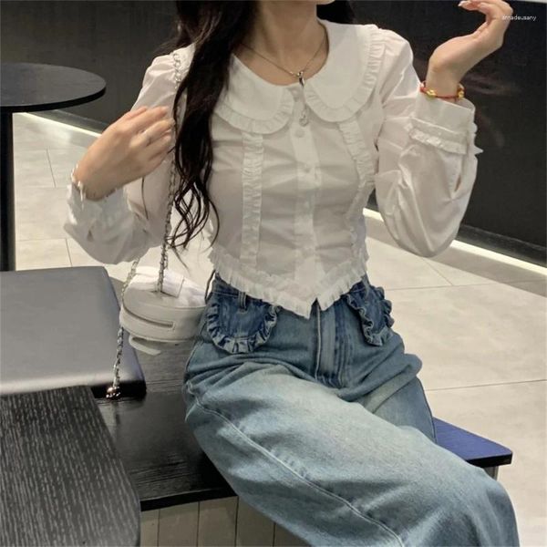 Camicette da donna Autunno Camicetta stile preppy giapponese 2023 Camicia coreana di moda Donna Primavera Ritagliata Bottone bianco Top a maniche lunghe in pizzo