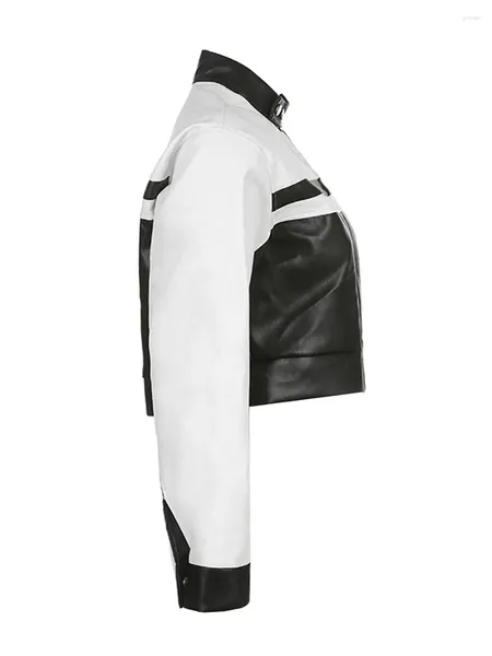 Jaquetas femininas Jaqueta de motociclista de couro sintético com painéis acolchoados e fecho de zíper assimétrico - Casaco de moto elegante para um visual moderno