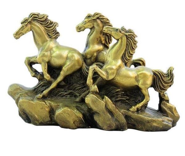 Chinês Fengshui Latão Sucesso Animal Zodíaco 3 Cavalos Estátua Escultura2997815