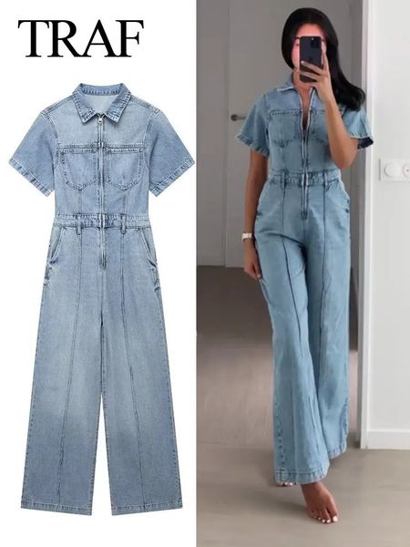 Calças femininas de duas peças traf 2023 moda vintage mulheres denim azul macacões elegante manga curta lapela colarinho bolso macacão streetwear trapstar 231025