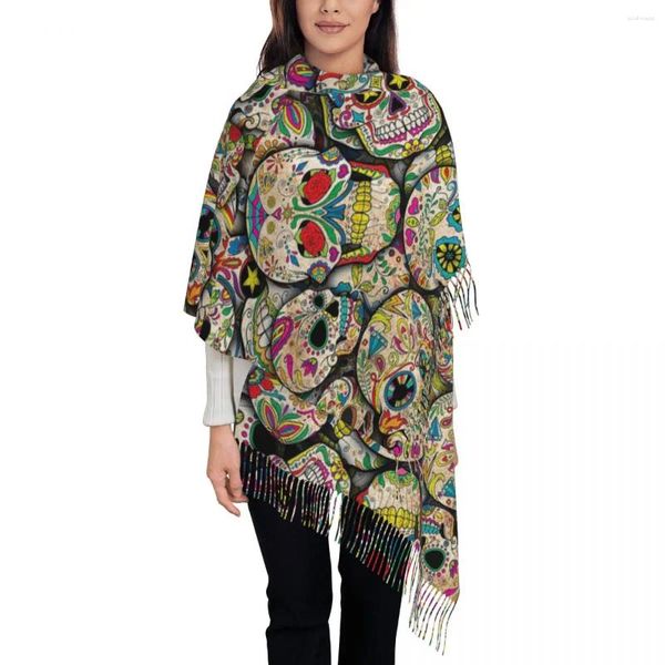 Sciarpe Scialle con collage di teschi di zucchero per donna Inverno caldo grande sciarpa morbida Pashmine folcloristiche di carnevale etnico