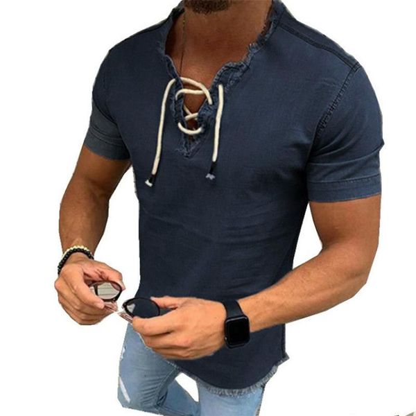 Moda denim camisa masculina ajuste fino jeans camisa de manga curta com decote em v camisas casuais rendas até blusa topo t verão masculina c121304h