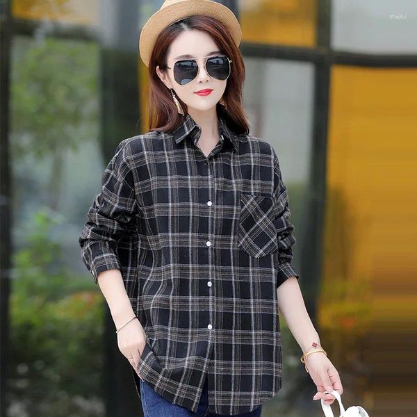 Kadınlar bluzlar Vintage uzun pamuklu ekose gömlek kadın bahar ve sonbahar Koreli rahat gevşek gömlekler üst