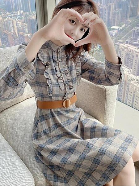 Casual Kleider Frühling Herbst Elegante Mode StandCollar Vintage Plaid Rüschen Weibliche Taille Gürtel Robe Langarm Süße Kleid Vestidos