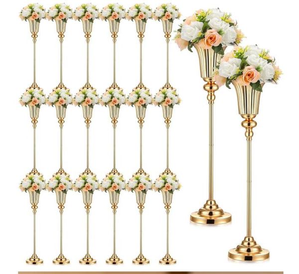 Vaso de flor dourado para peça central de casamento, mesa decorativa de metal, trompete, suporte floral para recepção de natal, aniversário, com 10 peças