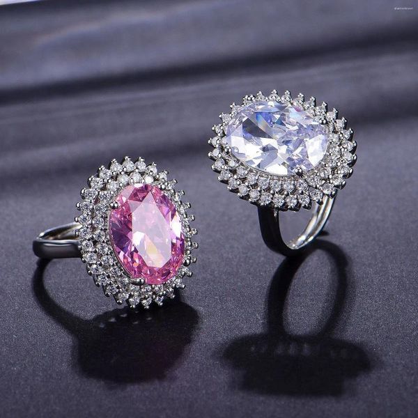 Cluster Anéis YangFx Prata Cor Moda Temperamento Oval Imitação Rosa Turmalina Cheio Diamante Colorido Tesouro Anel Aberto Jóias Femininas