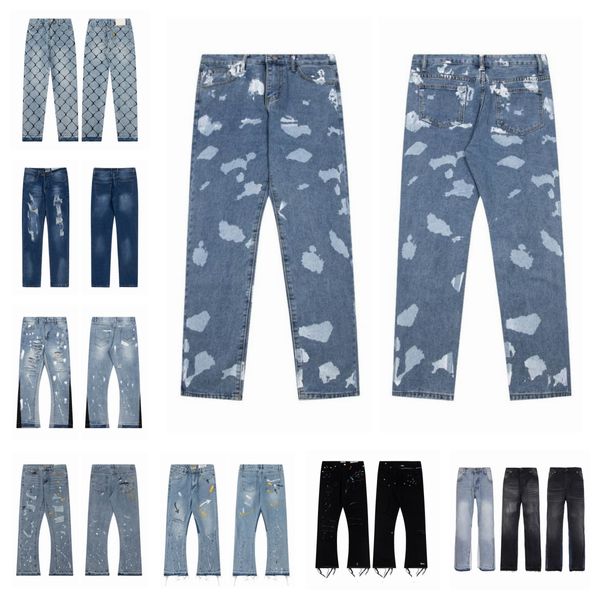 Nuovi jeans firmati da uomo Jeans viola Inchiostro Splash di alta qualità Graffiti Jeans micro svasati Pantaloni in denim Biker strappato effetto consumato Jean Slim Fit Moto