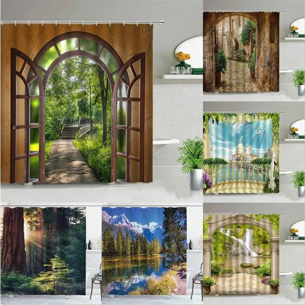 Duschvorhänge Fenster draußen Waldbrücke Frühlingslandschaft Kreativität Duschvorhang Zen Stein Baum Gebäude Landschaft Stoffvorhänge mit Haken 231025