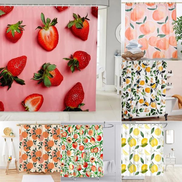 Cortinas de ducha Duchas de frutas Revestimiento de cortina Melocotón Limón Fresa Naranja Papaya Tela con estampado Cortinas de ducha Lindo diseño colorido brillante Gancho 231025