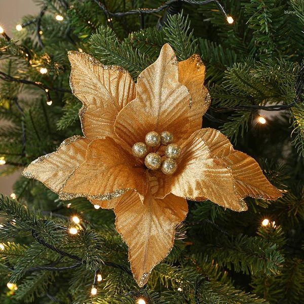 Flores decorativas 26cm glitter artificial enfeites de árvore de natal diy guirlanda casa ano festa de casamento decoração de mesa