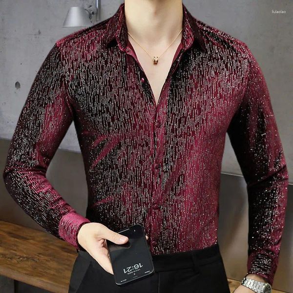 Camicie casual da uomo Camicia lucida da uomo Fantasia manica lunga Ropa De Hombre Camisa Social Masculina Manga Longa Rosso scuro