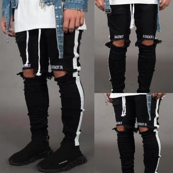 Мужские эластичные мужские рваные джинсы скинни с прорезями до колен, 2019, черные джинсовые брюки-карандаш, дизайнерские рваные беговые брюки с полосками по бокам, Pant217y