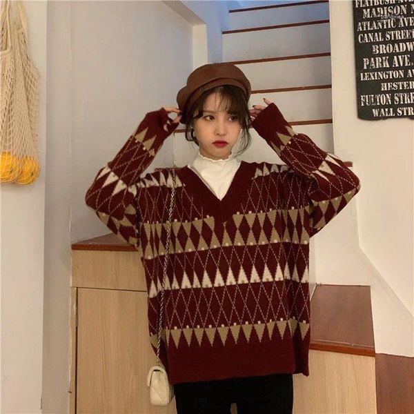 Kadın Sweaters Retro Pırlanta Ekose V Yastık Örgü Sweater 2023 Sonbahar Kış Moda Kadın Tepeli Stil Gevşek Zarif Kazak