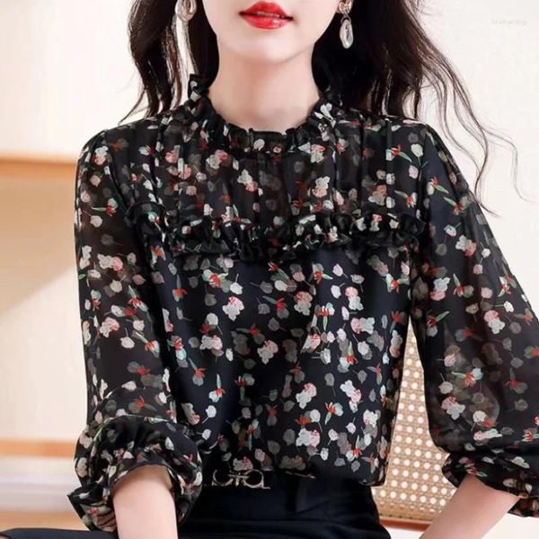 Frauen Blusen 2023 Herbst Mode Langarm Muster Shirts Für Frauen Rüschen Vintage Elegante Chiffon Pullover Top Weibliche Blusa