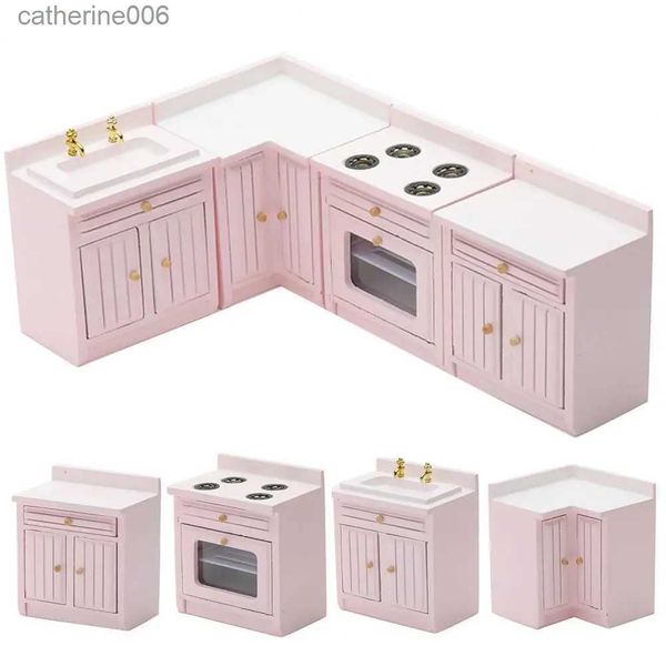 Cucine Gioca Cibo 1/12 Mini Casa delle Bambole Mobili Cucina Realistica Armadi da Gioco Tavolo da Cucina Lavello Bancone Lavabo in Legno Modello GiocattoloL231026