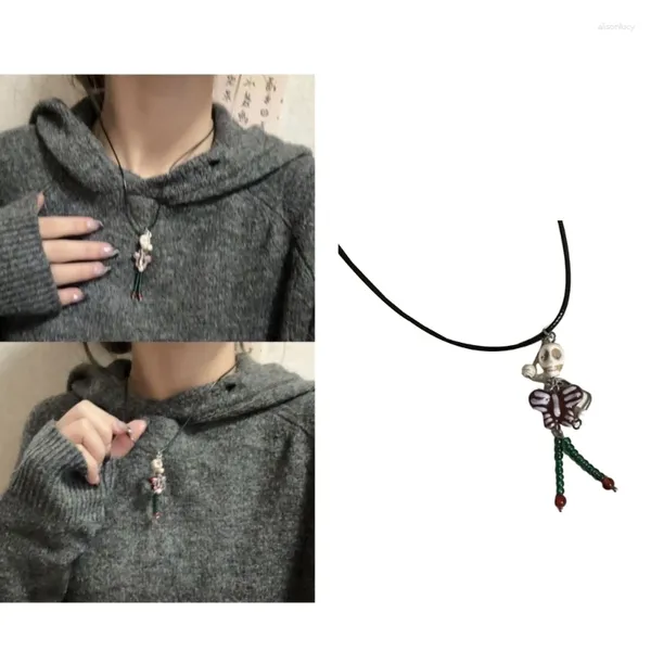 Halskette-Ohrringe-Set, einzigartiger Totenkopf-Schmetterlings-Perlen-Handyriemen, Alltagskleidung, Butterlry-Halsband
