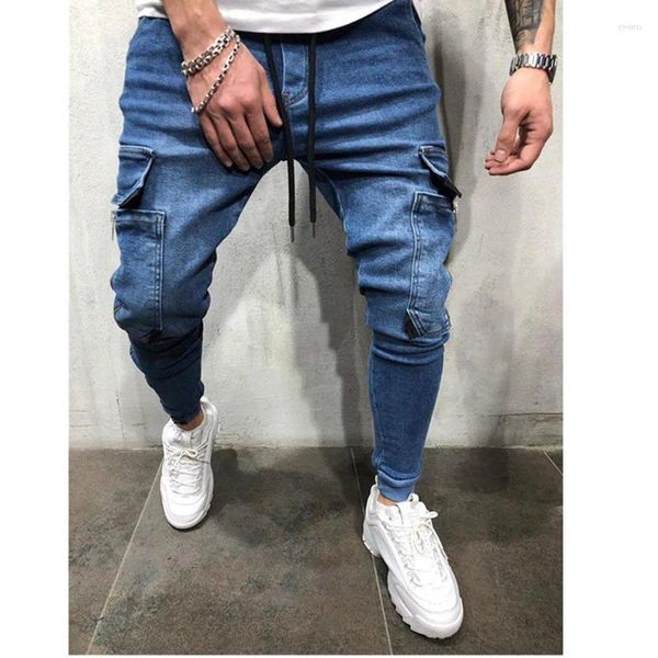 Jeans da uomo Matita nera Skinny stile punk Tasca con cerniera Pantaloni casual alla moda Pantaloni cargo