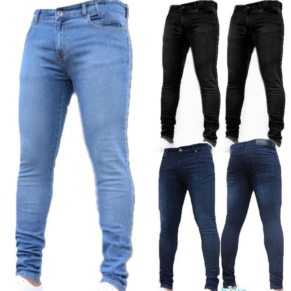 Estilo básico dos homens elástico rasgado magro motociclista jeans gravado magro cor lisa calças jeans regular jeans310n