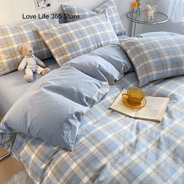 Set di biancheria da letto Copripiumino nordico scozzese blu 220x240 Federa Set di lenzuola a scacchiera a grandezza naturale Trapunta 200x230 231026