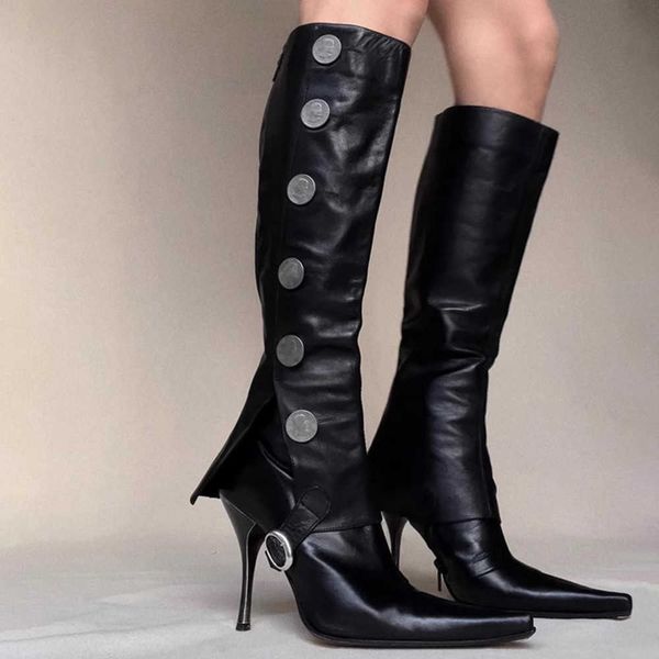 Botas longas destacáveis de duas peças, comprimento do joelho feminino, bico fino antigo médio, salto fino, botas curtas altas da moda