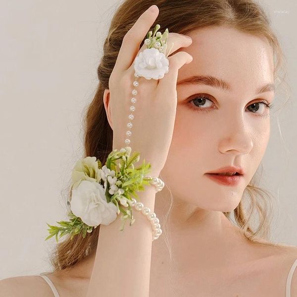 Charme pulseiras mogaku flores de noiva anel feminino moda doce imitação pérolas contas pulseiras dama de honra mão jóias flor correntes