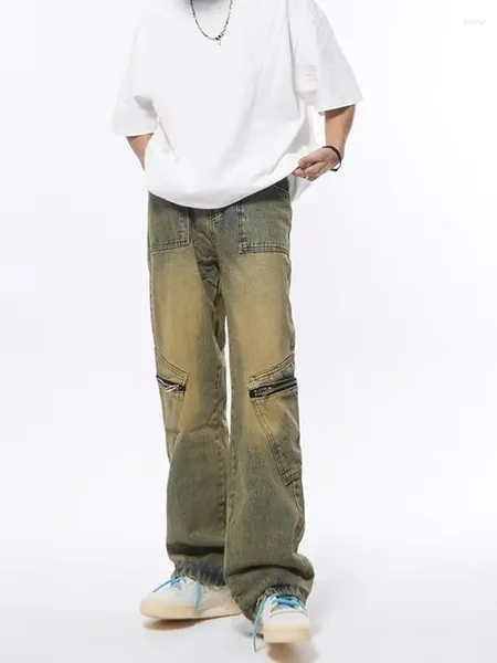 Jeans masculinos Old Ripped High Street Hip-Hop Drape solta Drape de alta qualidade As calças de perna reta masculina roupas Y2K