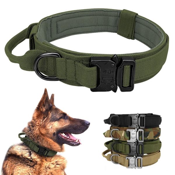 Coleira ajustável para cães com trela, treinamento militar tático, coleira para pescoço com fivela de metal pesado e alça de controle para cães médios e grandes