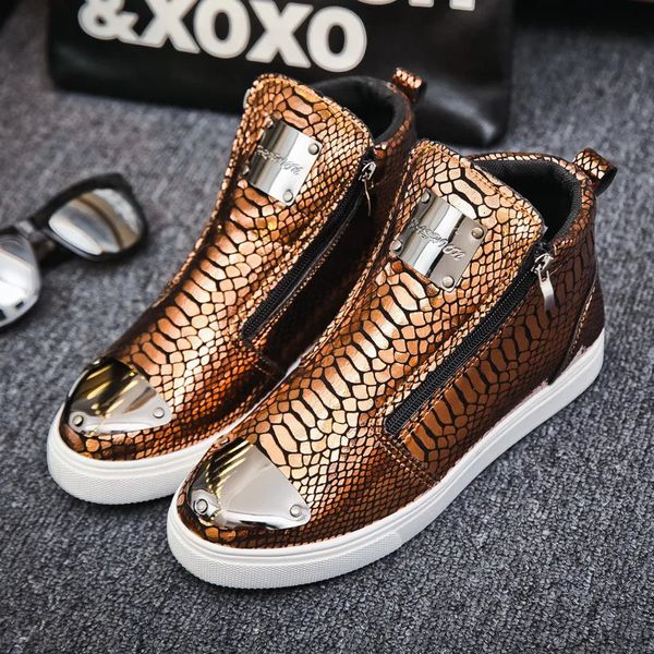 Kleid Schuhe Mode Reißverschluss Männer Goldene Turnschuhe Luxus Leder Glitter Herren Designer High Top Skateboarding 231025