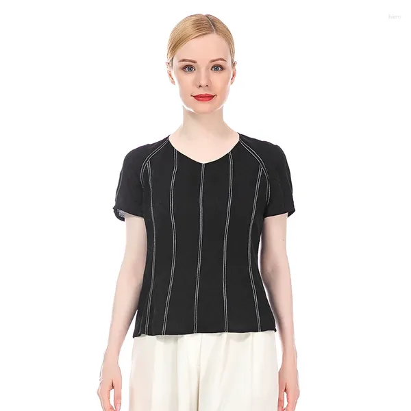 Женские футболки 22 Momme Черные жаккардовые шелковые женские топы Белые яркие линии с короткими рукавами и офисной женской футболкой B0037