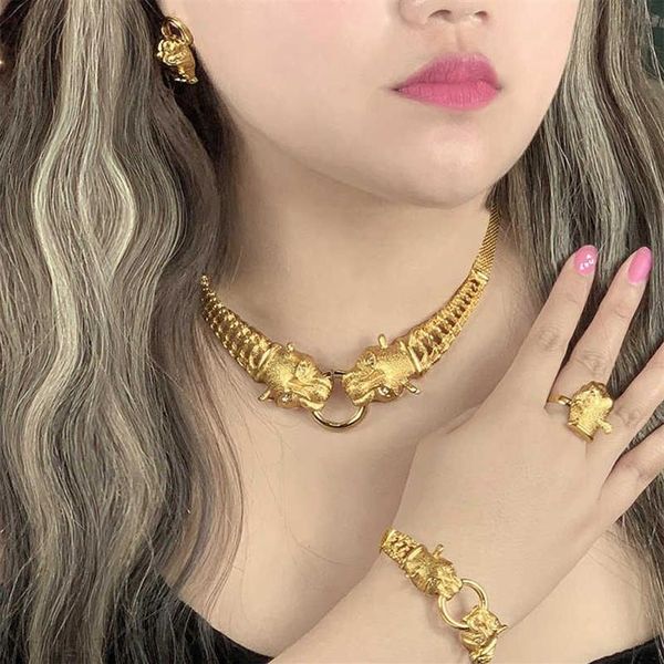 ANIID Dubai Gold Schmuck Sets Für Frauen Große Tier Indischen Schmuck Afrikanischen Designer Halskette Ring Ohrring Hochzeit Zubehör 2106205v