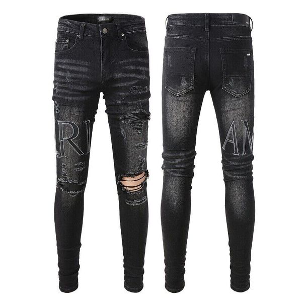 Schwarze zerrissene Herren-Denimhose, schmale Passform, schmale Stretch-Jeanshose für Herren, Patchwork, Distressed-Jeans mit Knielöchern, mit Kunstlederbesatz, Größe 28–40