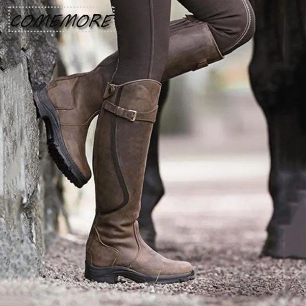 Bota botas de couro pu zíper retro casual mulher designer botas gladiador sapatos de salto baixo senhoras moda longas botas mujer 231025