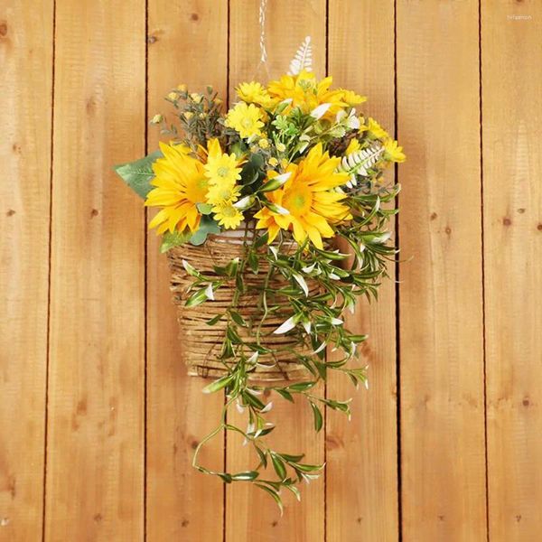 Flores decorativas girassóis artificiais pendurado cestas porta da frente grinalda pogal adereços decoração de casa para pátio jardim gota