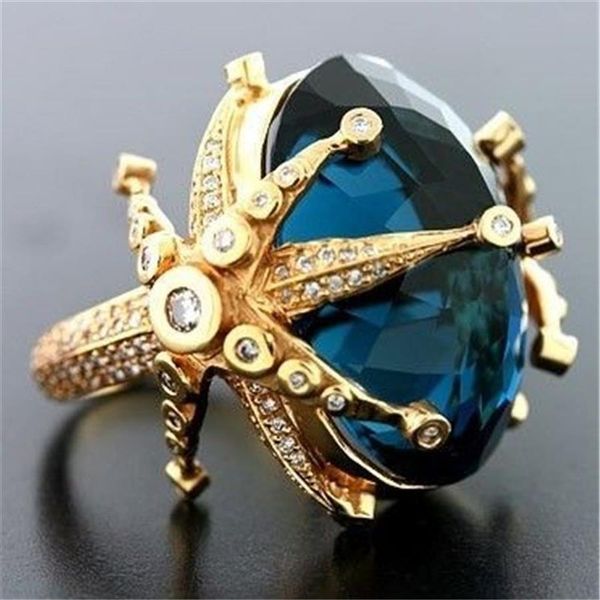 Anel de diamante de safira em ouro amarelo 14k para mulheres pavão azul topázio pedra joias delicadas bizuteria anillos anel de casamento com pedras preciosas 20270O