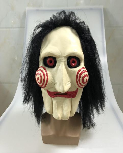 Film Saw Massacre Jigsaw Puppet Maschere con parrucca di capelli in lattice Creepy Halloween Horror Maschera spaventosa Unisex Party Cosplay Prop1215626