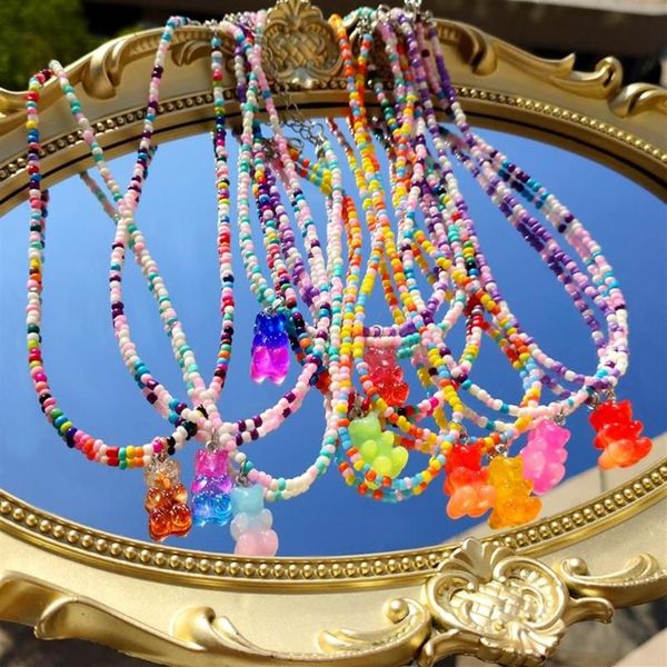 Correntes 2021 Y2K Arco-íris Gradiente Gummy Urso Colar Frisado para Mulheres Acrílico Bead Gargantilha Bonito Desenhos Animados Charme Kpop Boho Jewelry2914