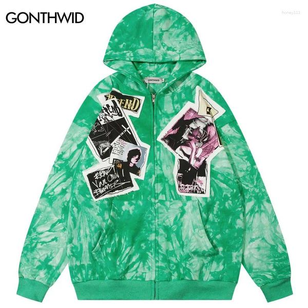 Herren Hoodies Hip Hop Hoodie Mantel Streetwear Stickerei Patch Tie Dye Reißverschluss Kapuzenpullover 2023 Männer Harajuku Lose Punk Mäntel Grün Rosa