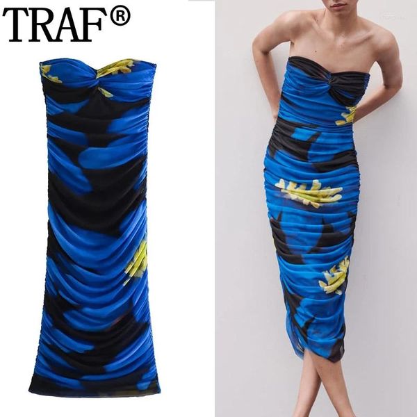 Casual Kleider Tüll Lange Für Frauen Off Schulter Blau Drucken Kleid Frau Geraffte Liebsten Mesh Sommer Backless Party