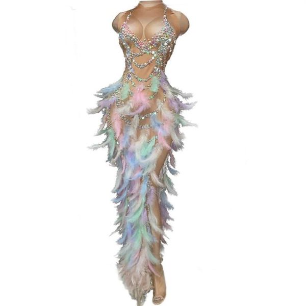 Abiti casual Moda Perle Strass Nude Party Evening Vestito aderente Donna Cantante senza maniche Feather Club Prom Compleanno Long213S