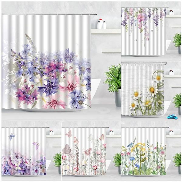 Tende da doccia Fiori di farfalla Candatura per doccia set rosa Purple Floral Lavender White Daisy Foglie pianta in tessuto stampato tende da bagno decorazioni da bagno 231025